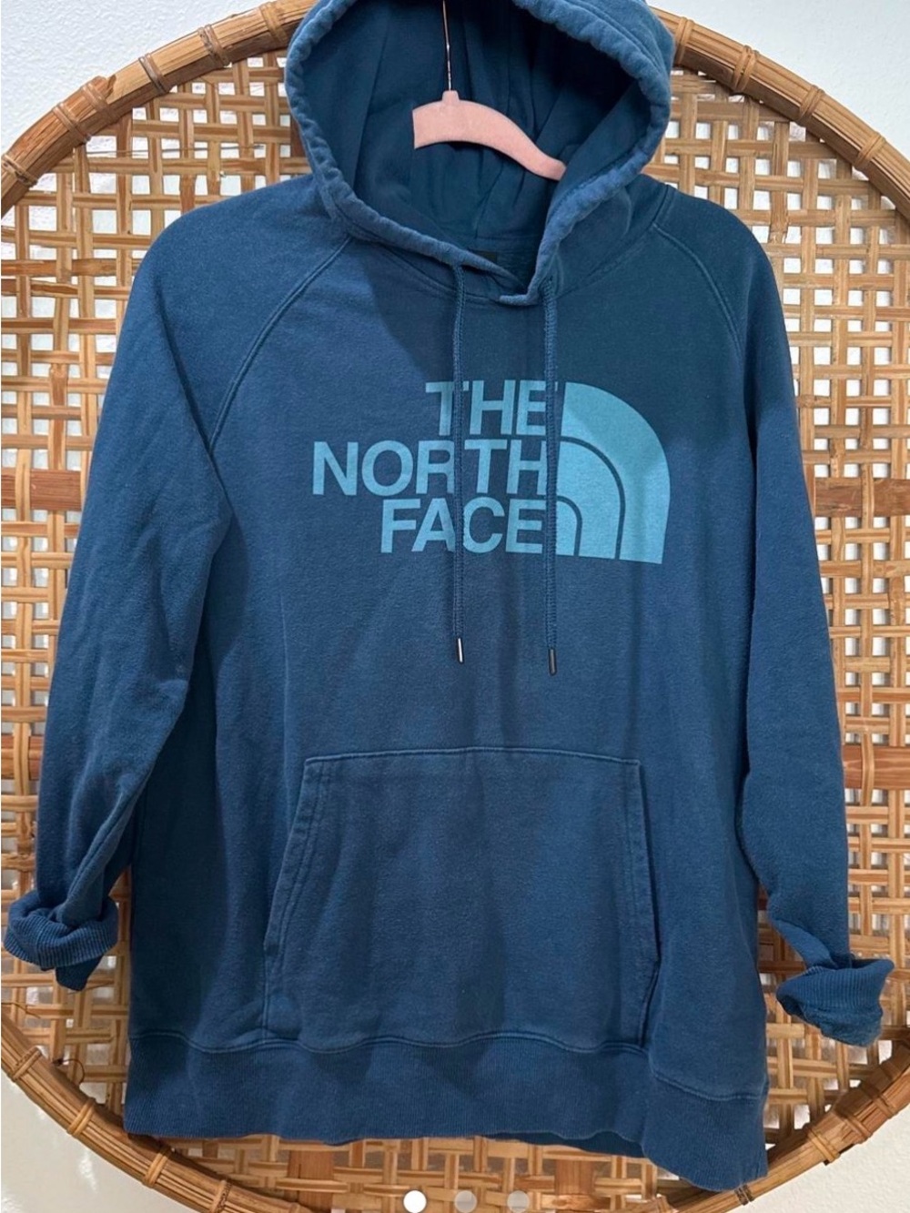 The North Face womens Dark Blue Pullover Hoodie with Light Blue Logo. Size L.